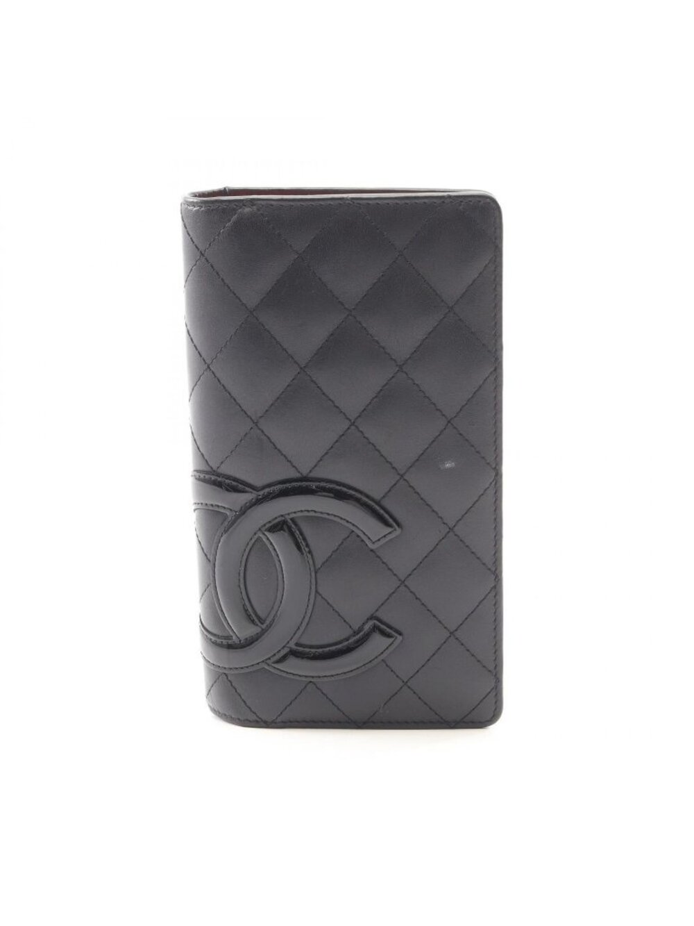 Chanel Bifold Wallet Cambon Line Black Enamel Leather Patent Ziplong